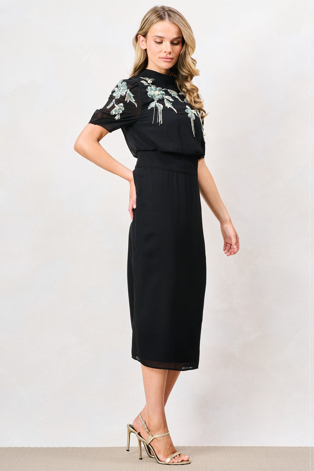 Hope &amp; Ivy Josette Black Teal Midi Pencil Dress 9311, side view
