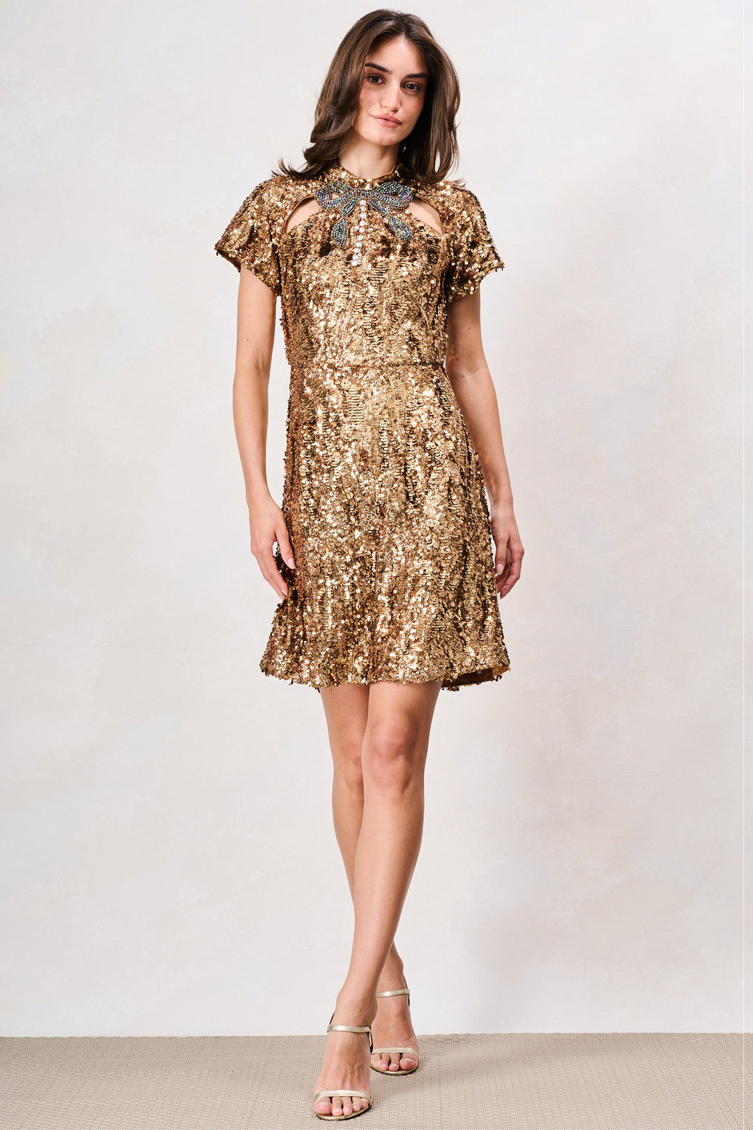 Hope & Ivy Lux Gold Sequin Mini Dress 9326, front view
