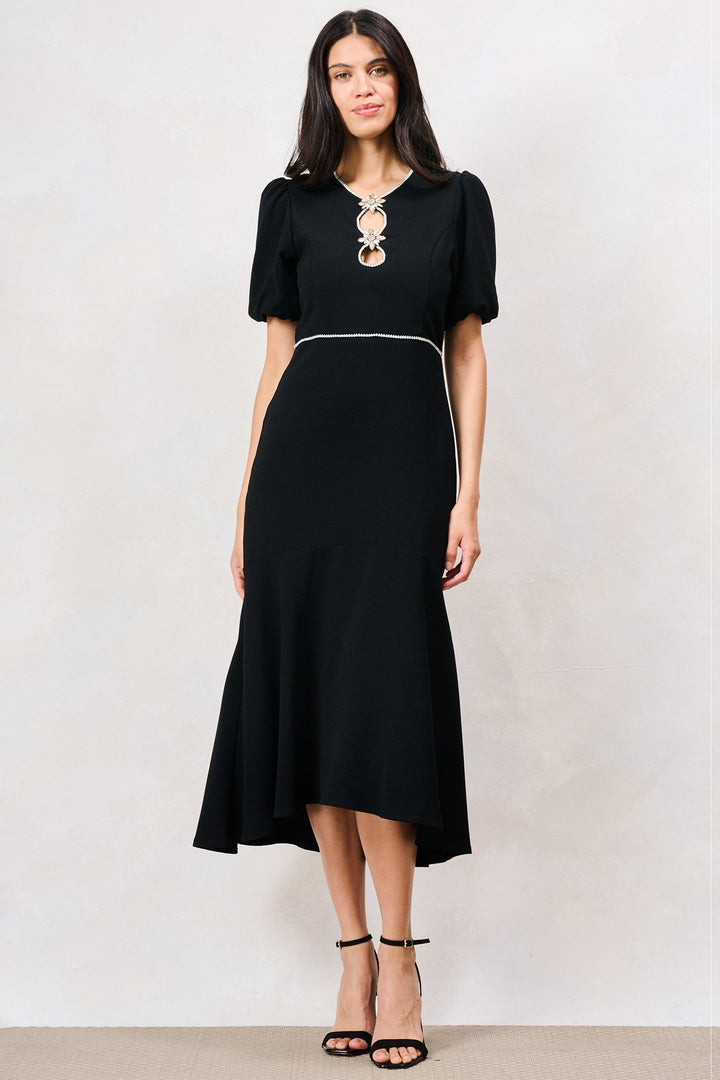 Hope &amp; Ivy Sutton Black Puff Sleeve Midi Dress 9251, front view
