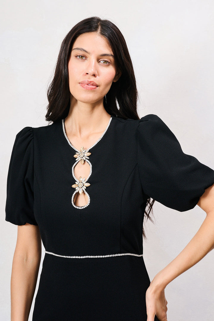 Hope &amp; Ivy Sutton Black Puff Sleeve Midi Dress 9251, neckline detail