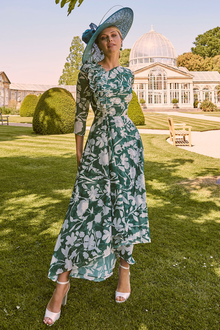 Invitations by Veni 36021A Ivory Shamrock Green Print Occasion Dress - Rouge Boutique Inverness
