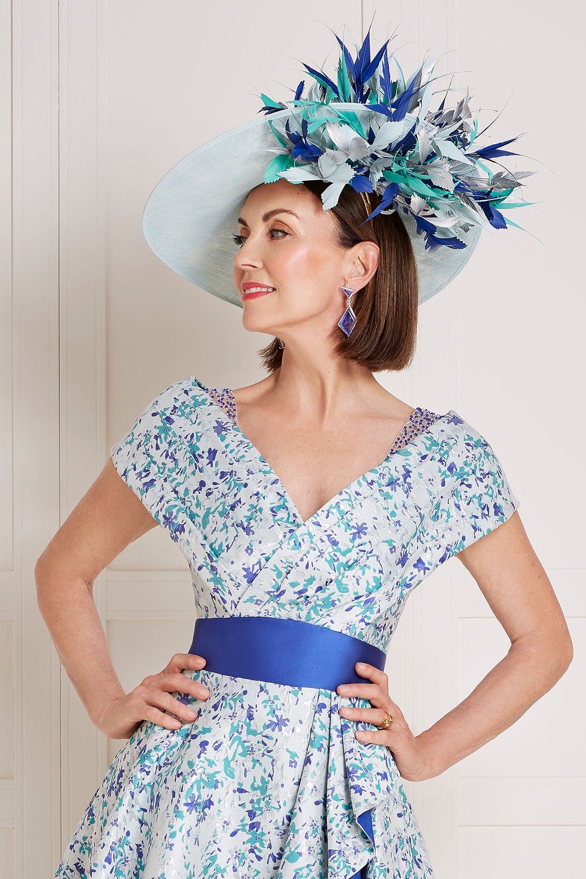 John Charles 29125 A Line Dress with Bardot Neckline in Ocean Jacquard ...