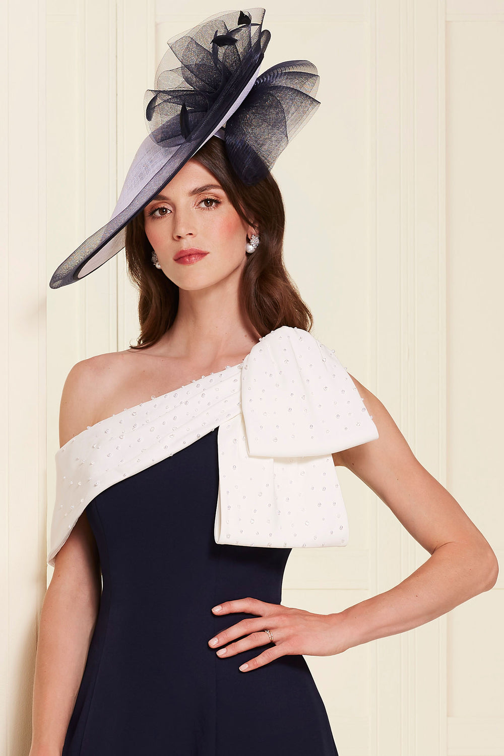 John Charles 29128 Fit and Flare One Shoulder Dress in Crepe Navy And Ivory - Rouge Boutique Inverness