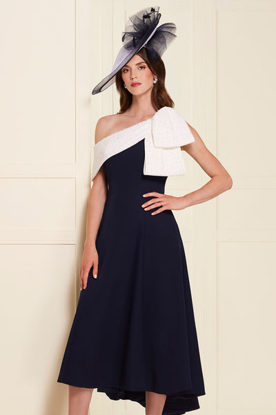 John Charles 29128 Fit and Flare One Shoulder Dress in Crepe Navy And Ivory - Rouge Boutique Inverness