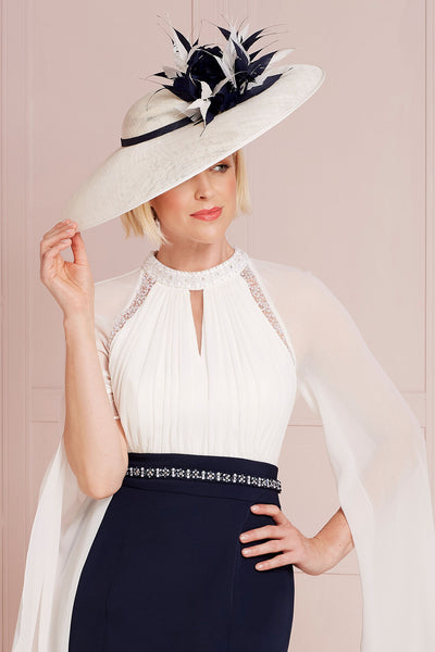 John Charles 29132 Cape Sleeved High Neck Dress with Fitted Skirt in Navy and Ivory - Rouge Boutique Inverness