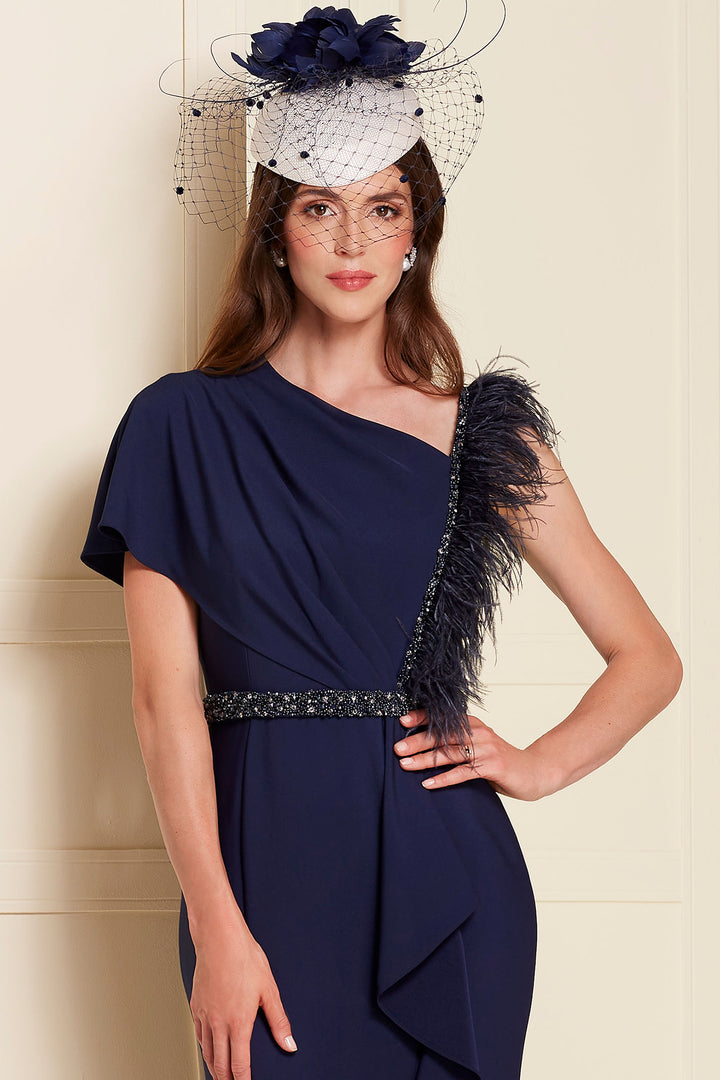 John Charles 29134 Asymmetric Neckline Midi Length Crepe Navy Dress with Feather Detail - Rouge Boutique Inverness