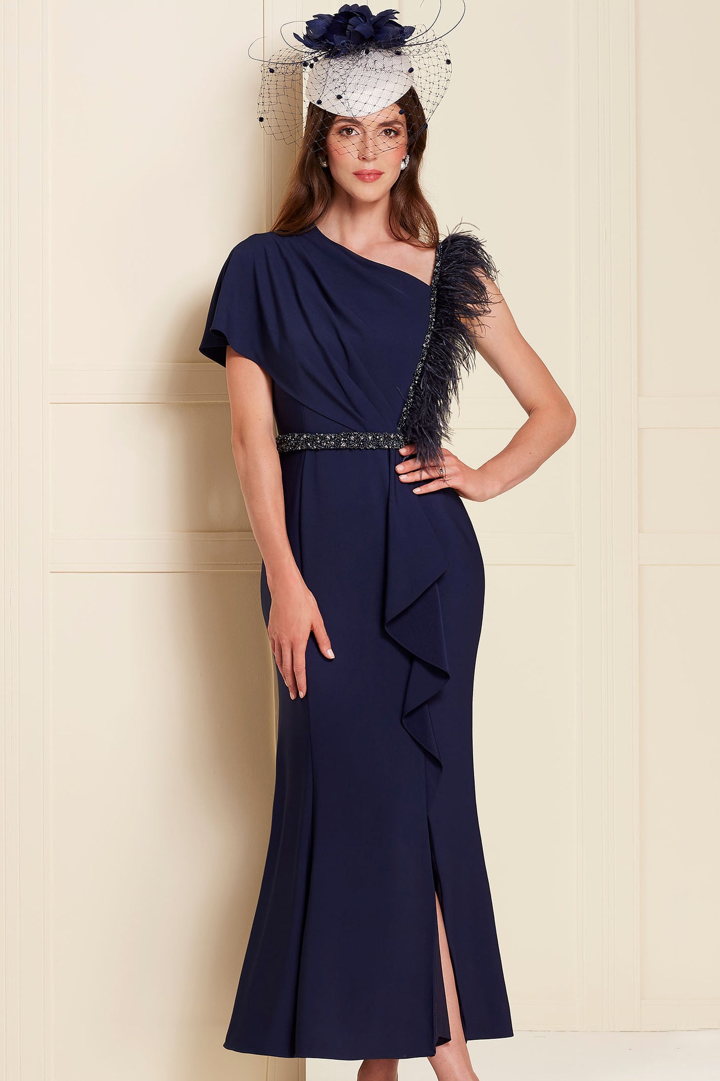 John Charles 29134 Asymmetric Neckline Midi Length Crepe Navy Dress with Feather Detail - Rouge Boutique Inverness