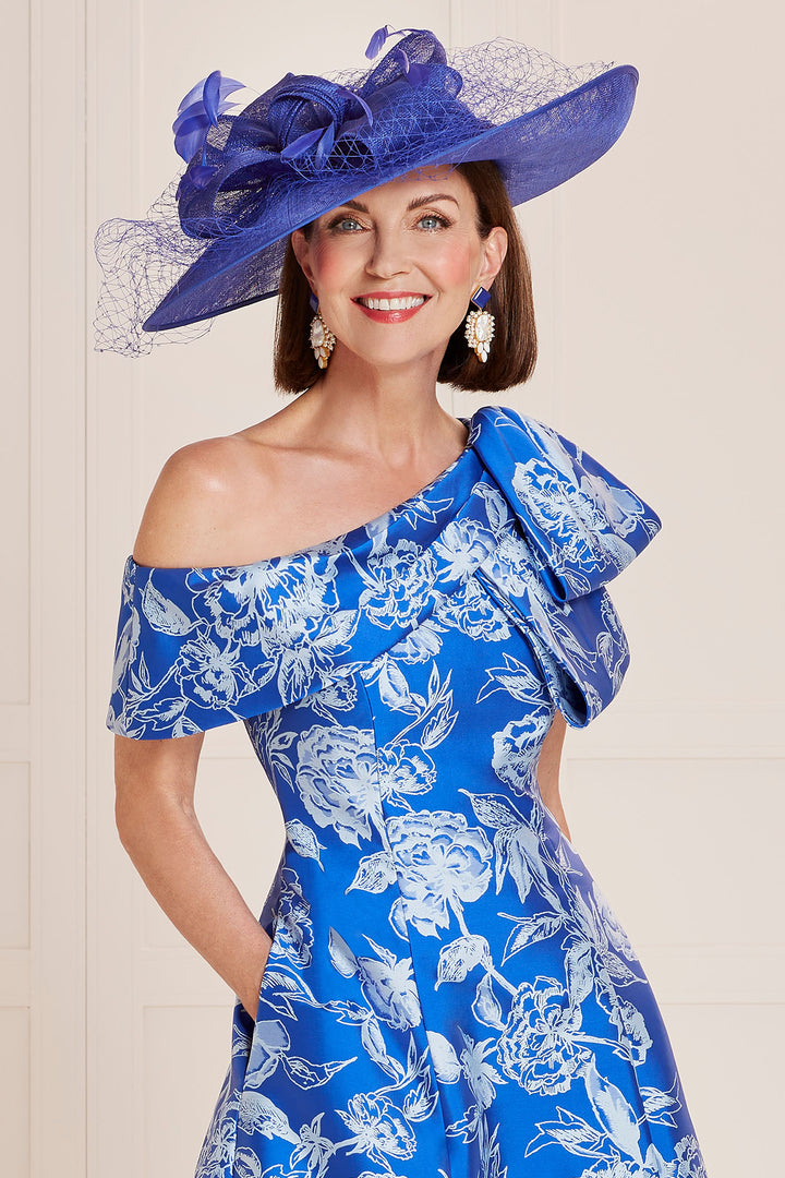 John Charles 29142 Fit and Flare Jacquard Dress with Bow Detail in Grecian Blue - Rouge Boutique Inverness