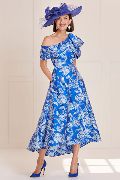 John Charles 29142 Fit and Flare Jacquard Dress with Bow Detail in Grecian Blue - Rouge Boutique Inverness
