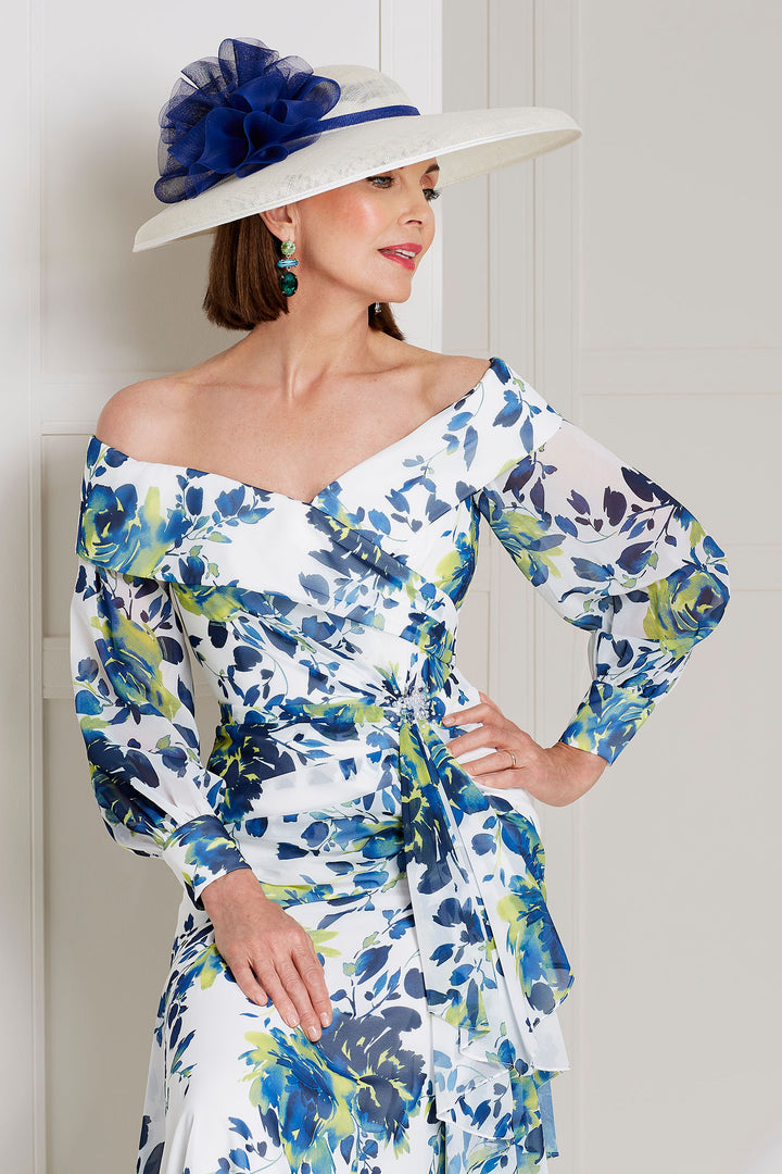 John Charles 29145 Chiffon Bardot Full Length Lime and Navy Printed Sleeved Dress - Rouge Boutique Inverness