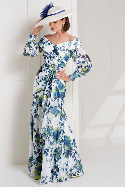 John Charles 29145 Chiffon Bardot Full Length Lime and Navy Printed Sleeved Dress - Rouge Boutique Inverness