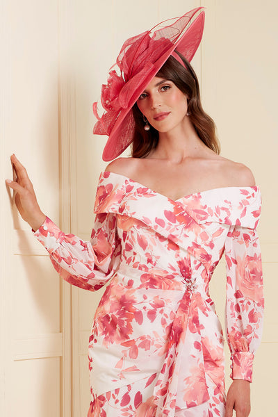 John Charles 29145 Chiffon Bardot Full Length Summer Rose Printed Sleeved Dress - Rouge Boutique Inverness