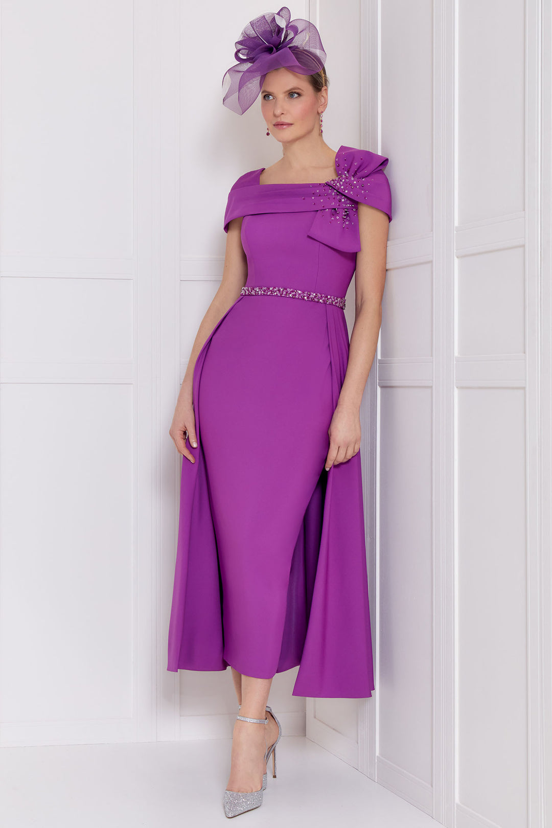 John Charles 29189 Violet Purple Cape Sleeve Drape Skirt Ocasion Dress - Rouge Boutique Inverness