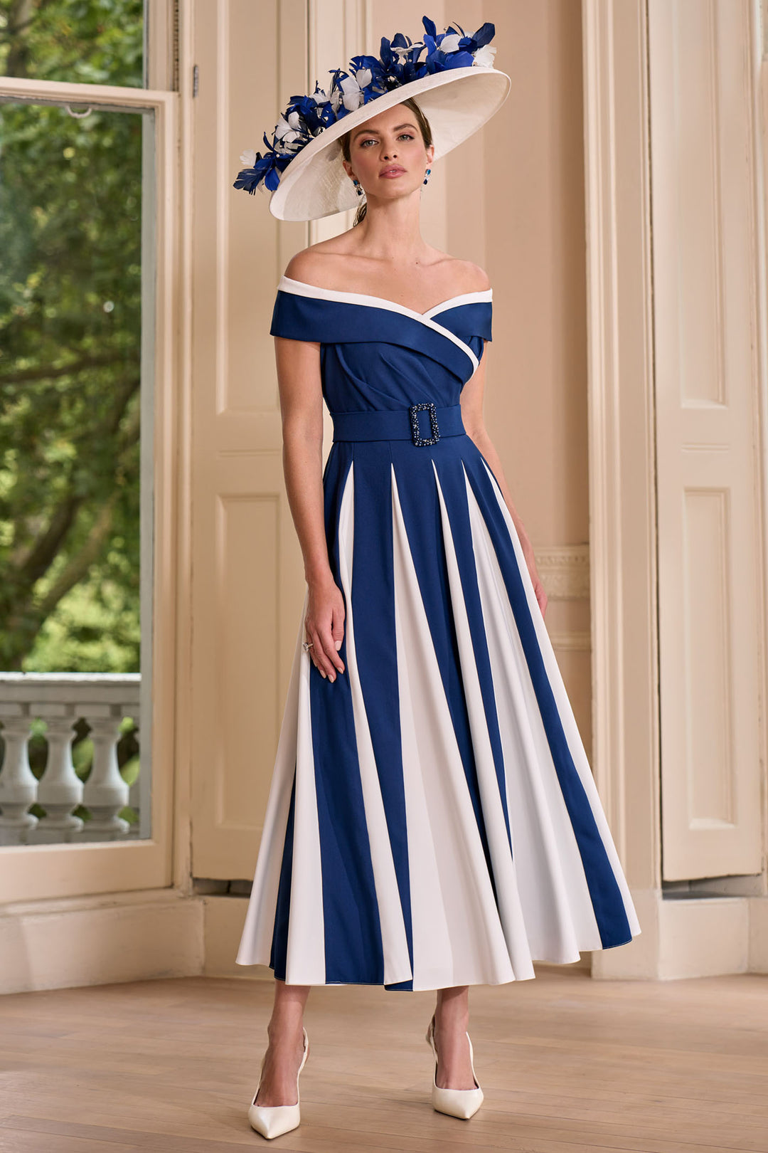 John Charles 29204 Navy Ivory Contrast Panel A-Line Bardot Occasion Dress - Rouge Boutique Inverness