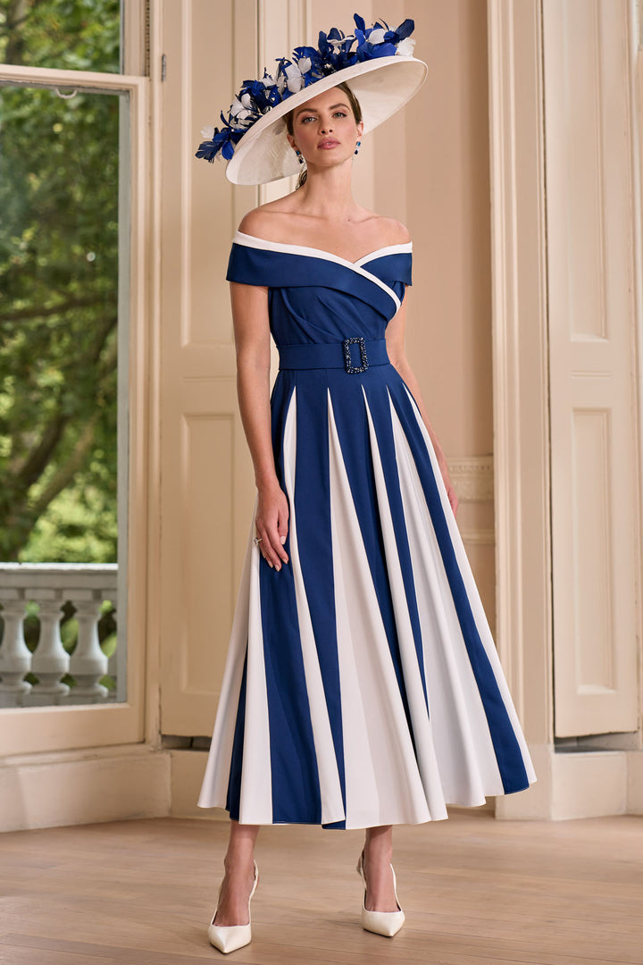 John Charles 29204 Navy Ivory Contrast Panel A-Line Bardot Occasion Dress - Rouge Boutique Inverness