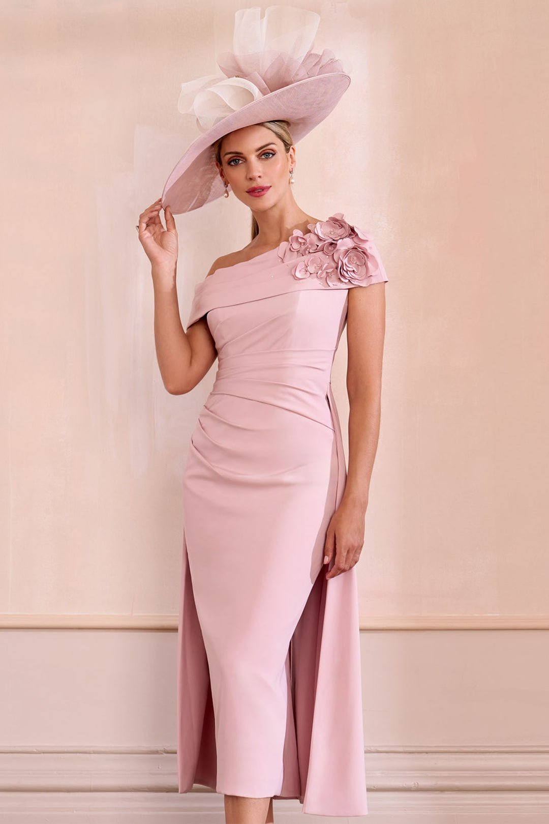 John Charles 29239 Rose Pink One Shoulder Overskirt Midi Occasion Dress - Rouge Boutique Inverness