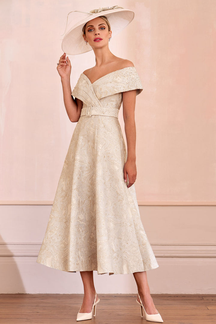 John Charles 29240 Vanilla V-Neck Bardot Midi A-Line Bardot Occasion Dress - Rouge Boutique Inverness