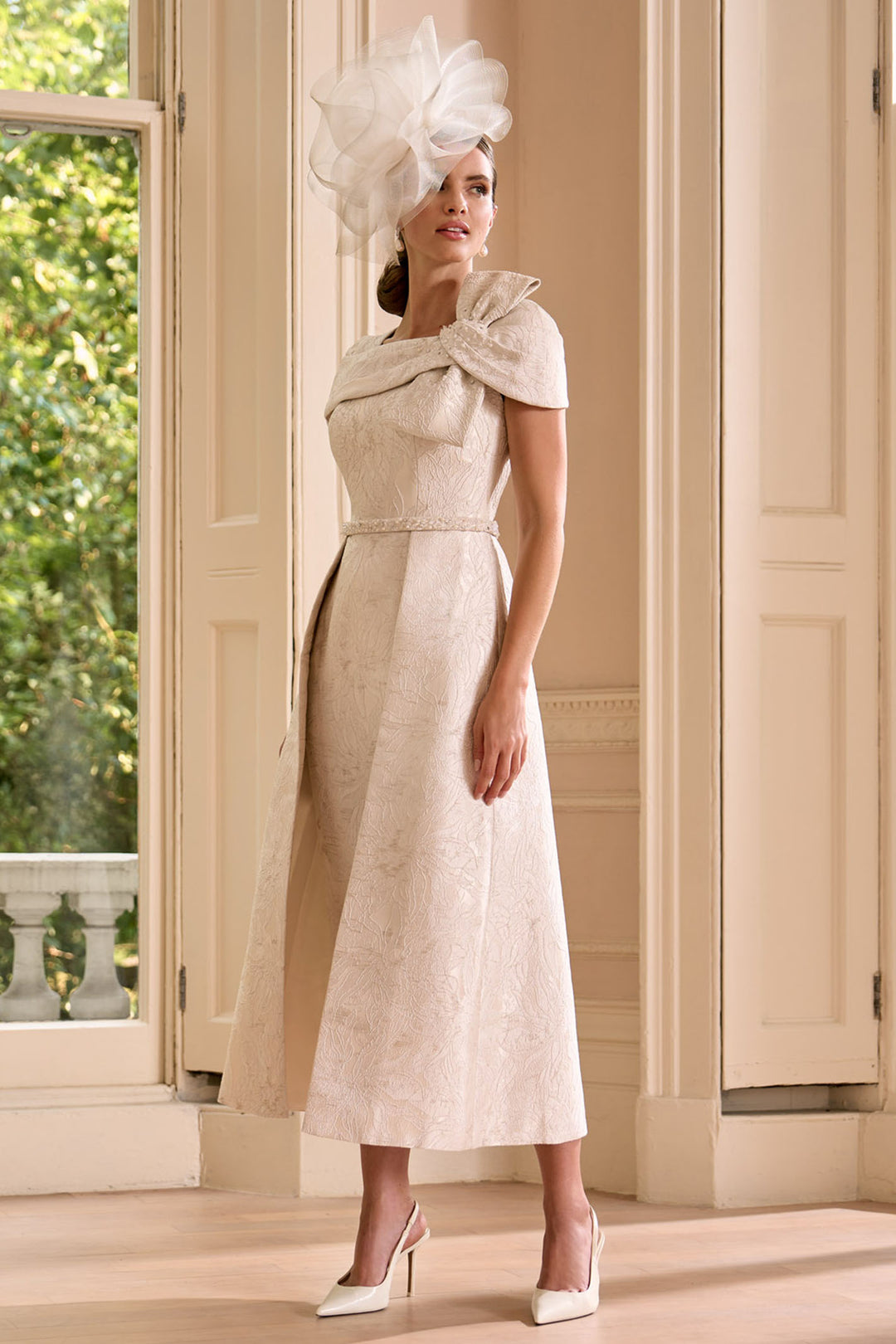 John Charles 29245BSV Vanilla Jacquard Bardot Overskirt Occasion Dress - Rouge Boutique Inverness