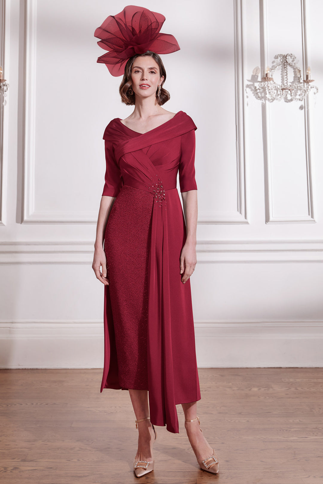 John Charles 29289 Midi Beaded Drape Occasion Dress Bordeaux Red - Rouge Boutique Inverness