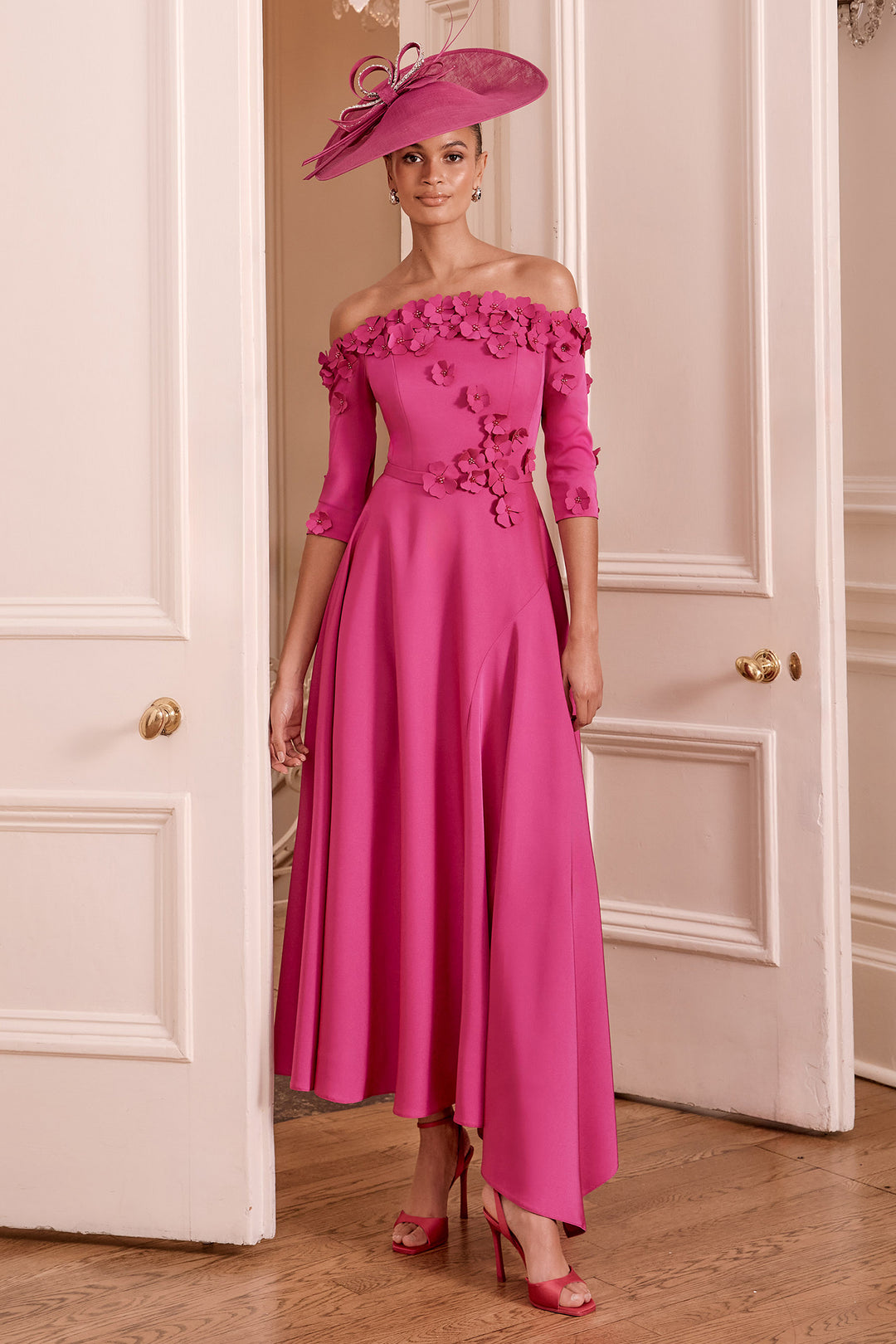 John Charles 29372B Lipstick Pink Floral Off Shoulder Midi Occasion Dress