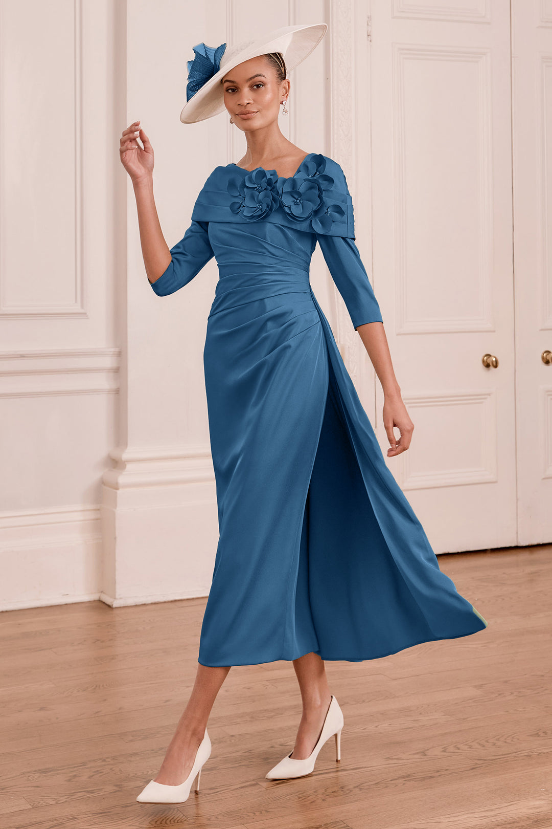 John Charles 29376 Teal Floral Collar Midi Occasion Dress