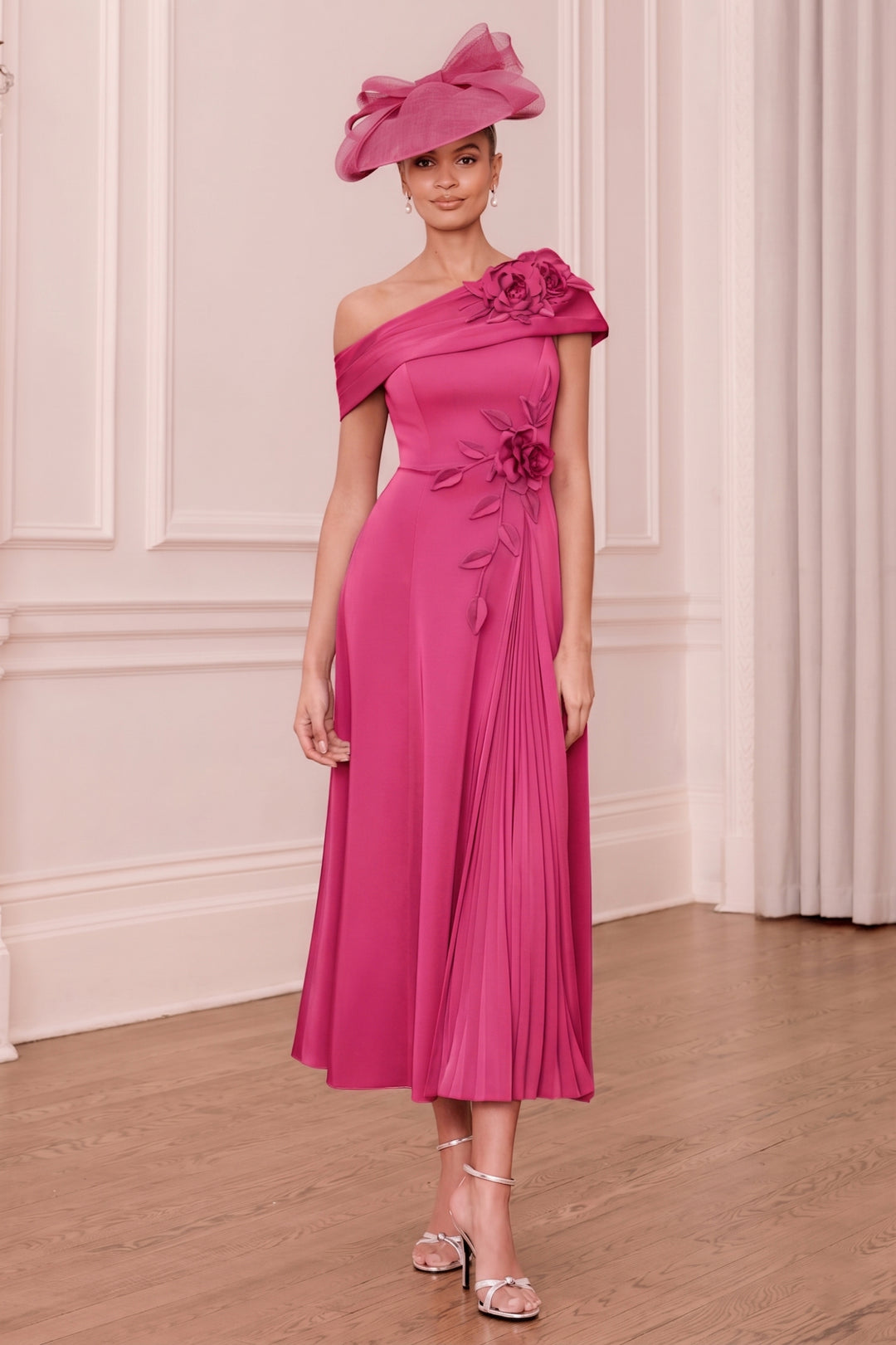 John Charles 29379SV Lipstick Pink Plisse Panel Midi Occasion Dress