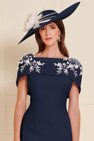 John Charles 66503 Fitted Cape Dress with Applique Detail Fitted Navy and Ivory Dress - Rouge Boutique Inverness