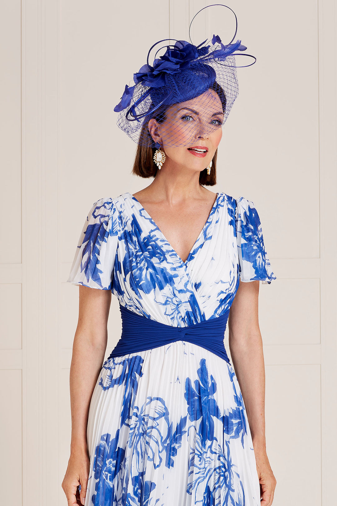 John Charles 66518B Frill Sleeve Aline Dress with V Neckline Cobalt and Ivory - Rouge Boutique Inverness