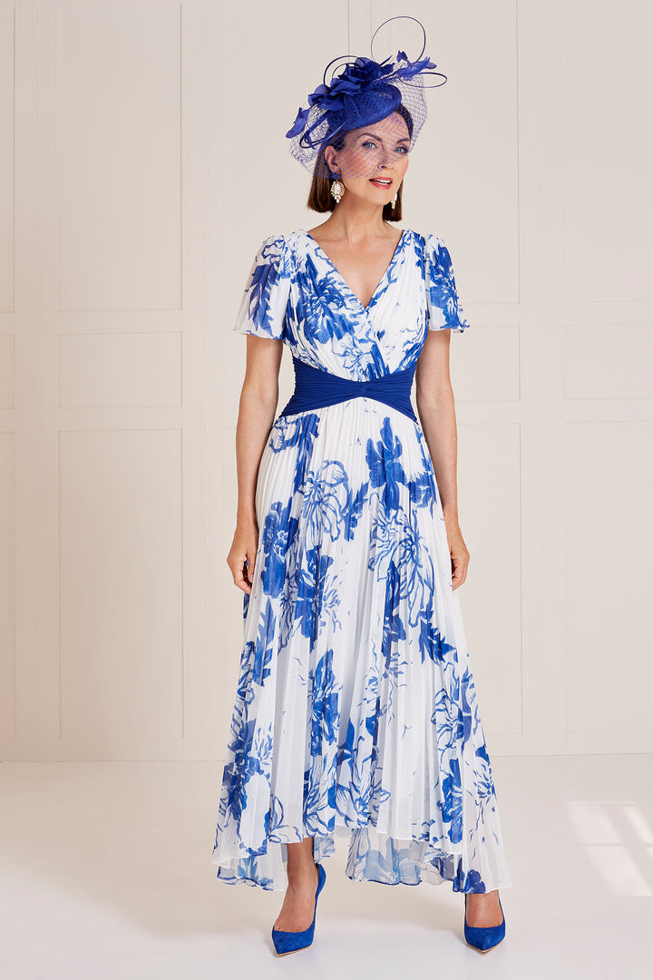 John Charles 66518B Frill Sleeve Aline Dress with V Neckline Cobalt and Ivory - Rouge Boutique Inverness