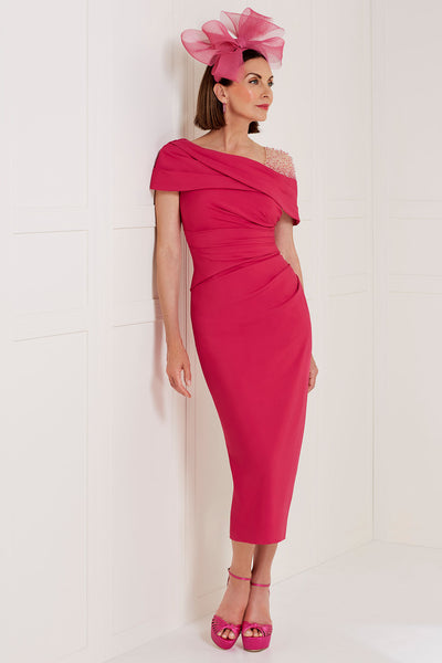 John Charles 66541 Asymmetric Neckline Dress with Beaded Shoulder in Berry - Rouge Boutique Inverness