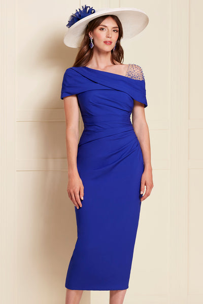 John Charles 66541 Asymmetric Neckline Dress with Beaded Shoulder in Cobalt - Rouge Boutique Inverness