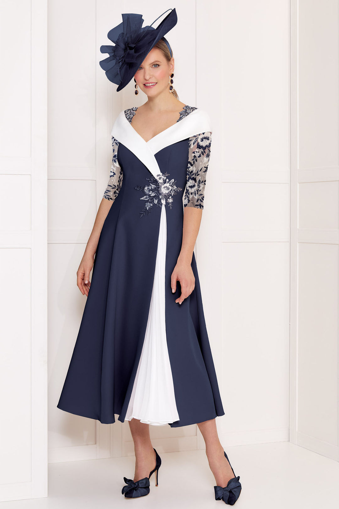 John Charles 66587B Navy Ivory Off The Shoulder A-Line Occasion Dress - Rouge Boutique Inverness