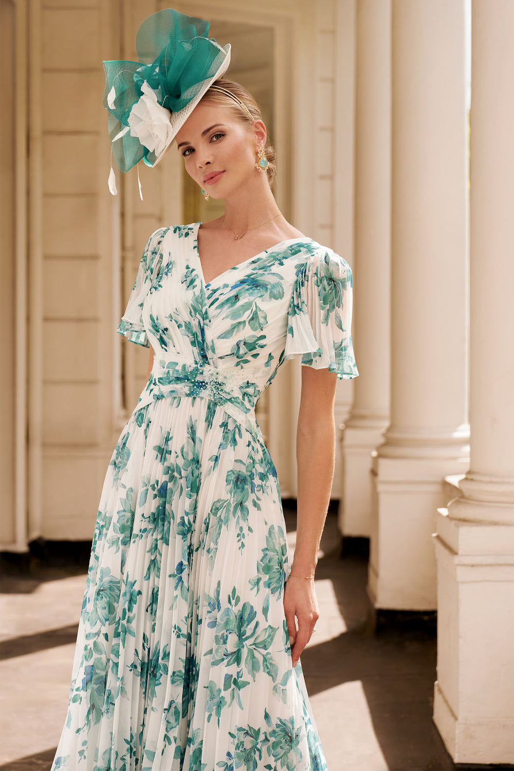 John Charles 66608BP Jade Green Camillia Floral Print Midi Occasion Dress - Rouge Boutique Inverness