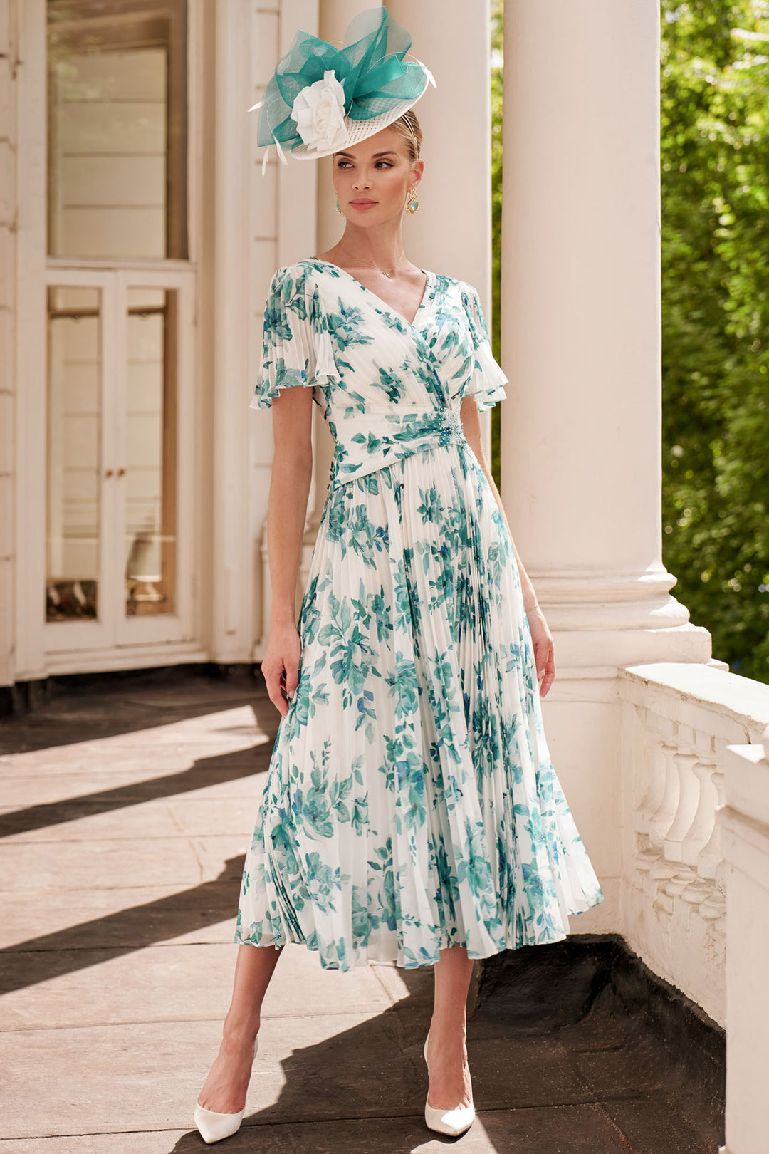 John Charles 66608BP Jade Green Camillia Floral Print Midi Occasion Dress - Rouge Boutique Inverness