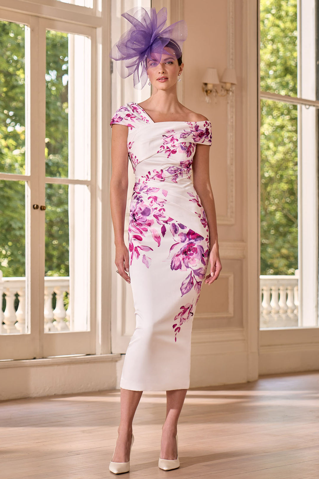 John Charles 66621 Pink Camilla Floral One Shoulder Satin Occasion Dress - Rouge Boutique Inverness