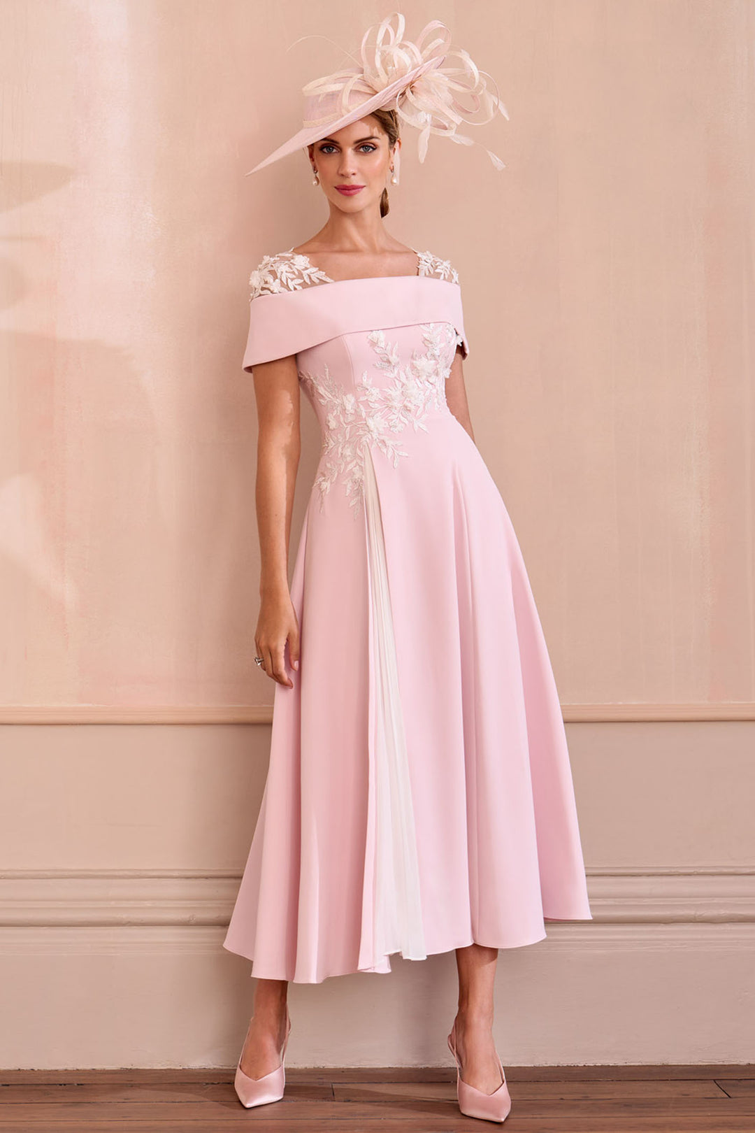 John Charles 66625 Petal Pink Ivory Bardot A-Line Occasion Dress - Rouge Boutique Inverness