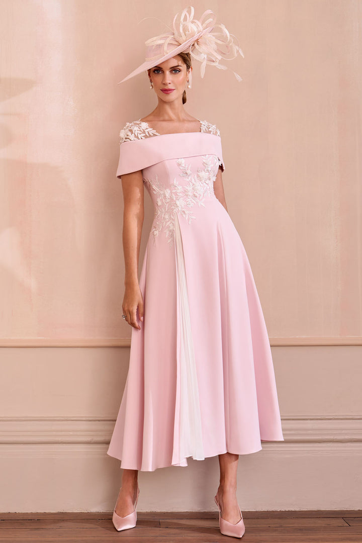 John Charles 66625 Petal Pink Ivory Bardot A-Line Occasion Dress - Rouge Boutique Inverness