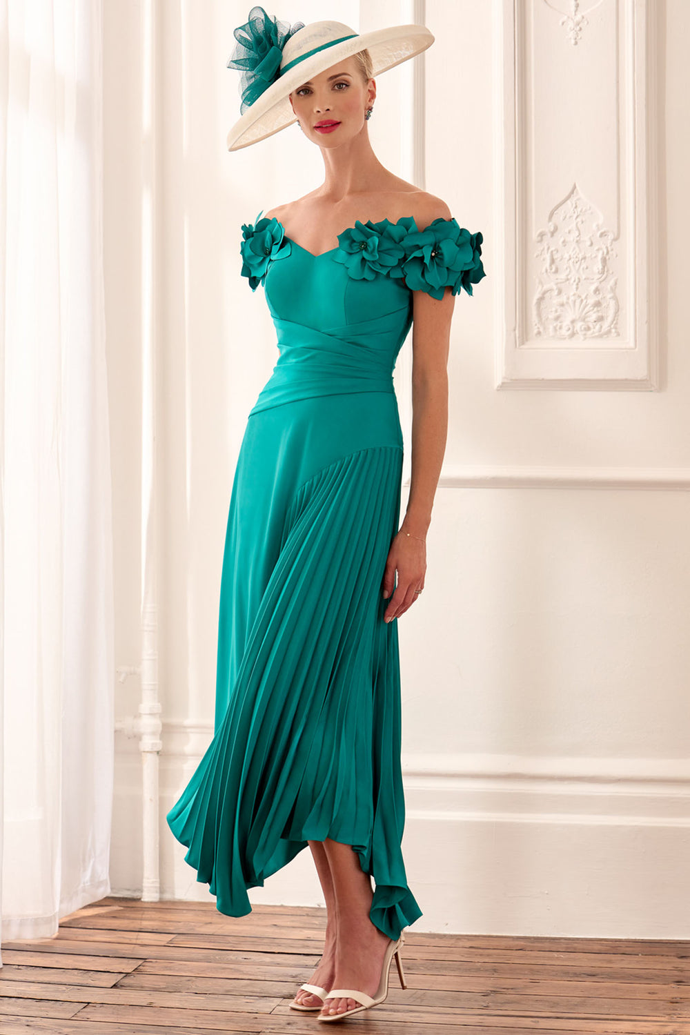 John Charles 66632B Peacock Green Off The Shoulder A-Line Occasion Dress - Rouge Boutique Inverness
