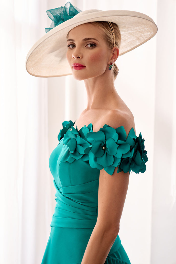 John Charles 66632B Peacock Green Off The Shoulder A-Line Occasion Dress - Rouge Boutique Inverness