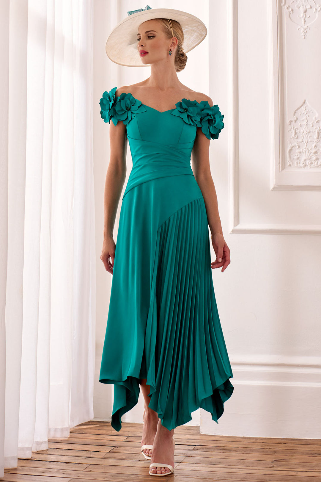 John Charles 66632B Peacock Green Off The Shoulder A-Line Occasion Dress - Rouge Boutique Inverness