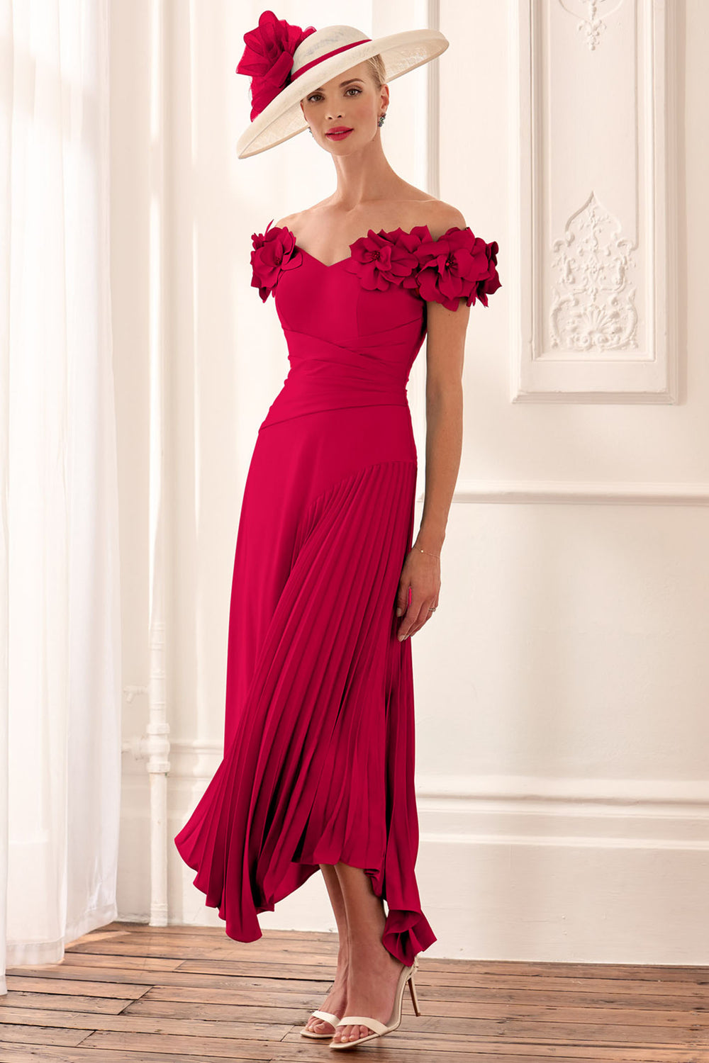 John Charles 66632B Ruby Pink Off The Shoulder A-Line Occasion Dress - Rouge Boutique Inverness