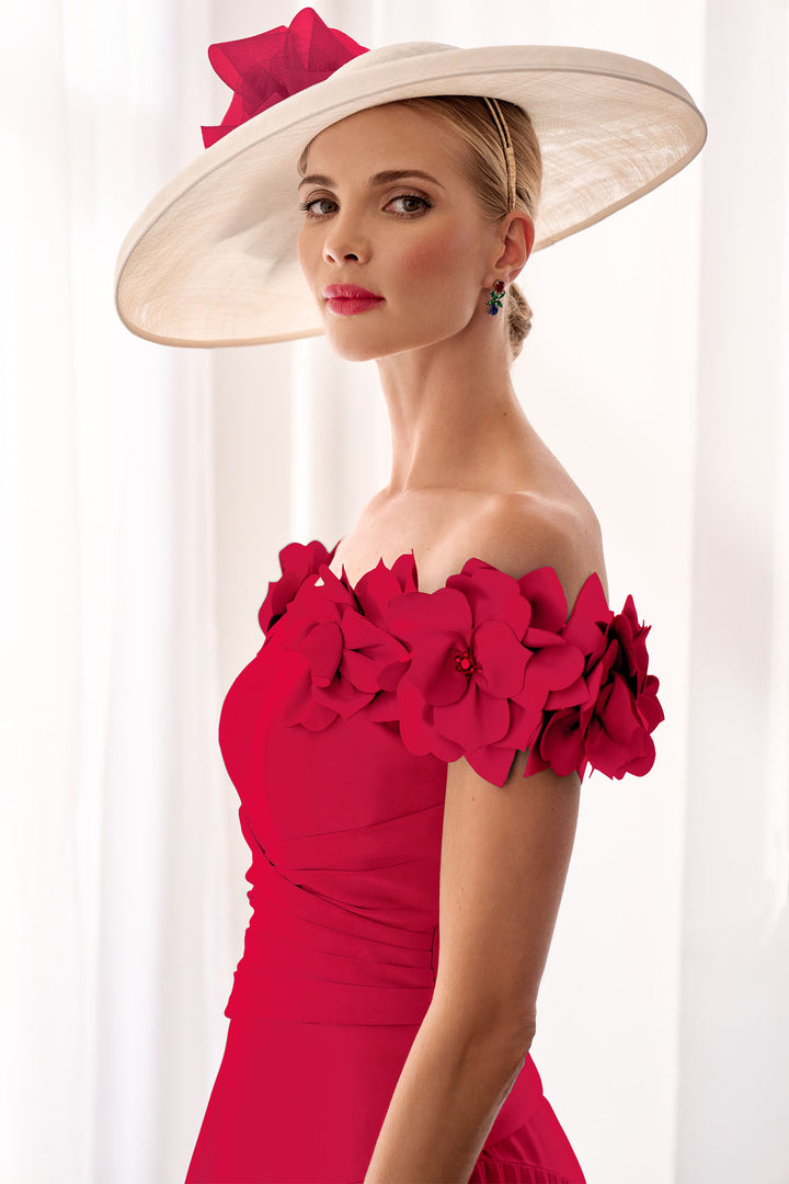 John Charles 66632B Ruby Pink Off The Shoulder A-Line Occasion Dress - Rouge Boutique Inverness