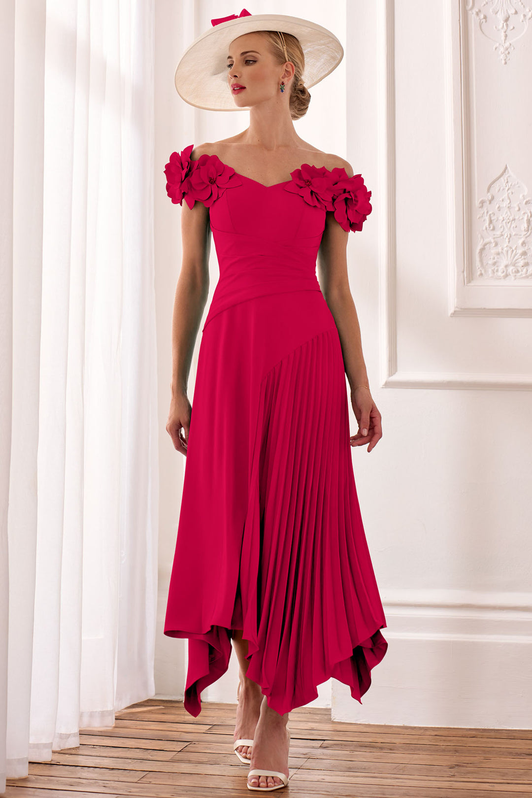 John Charles 66632B Ruby Pink Off The Shoulder A-Line Occasion Dress - Rouge Boutique Inverness