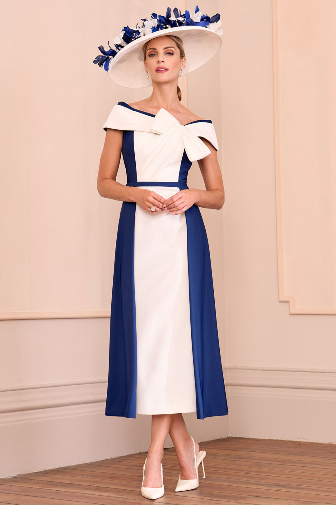 John Charles 66668A Navy Ivory Contrast Panel Bardot Occasion Dress - Rouge Boutique Inverness