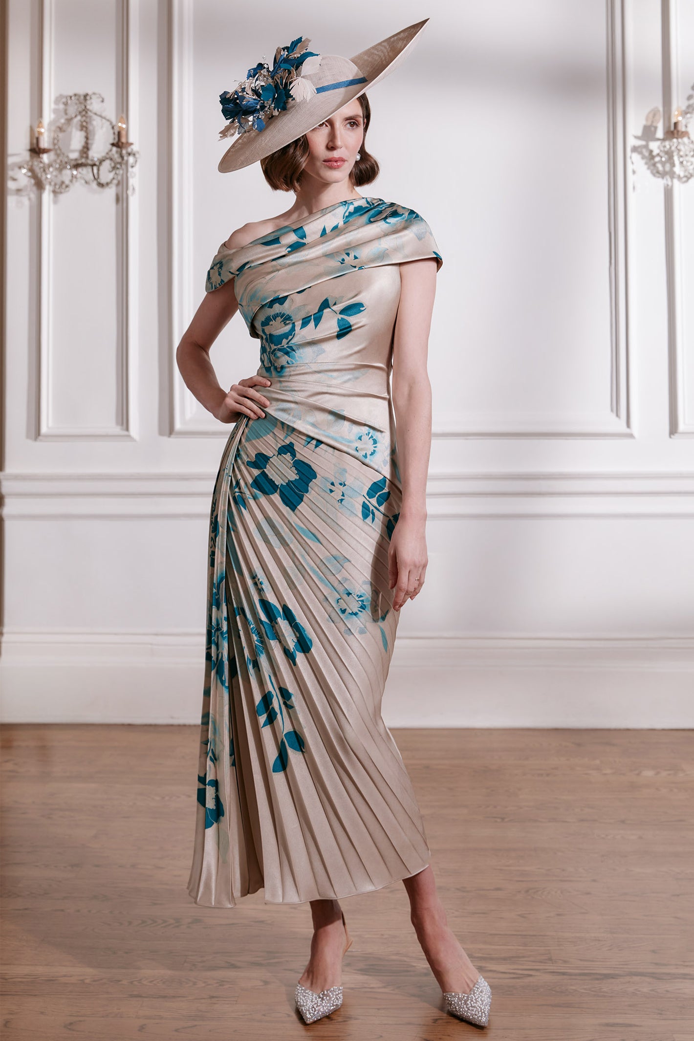 John Charles 66693 Pleated Midi Occasion Dress Oyster Teal – Rouge