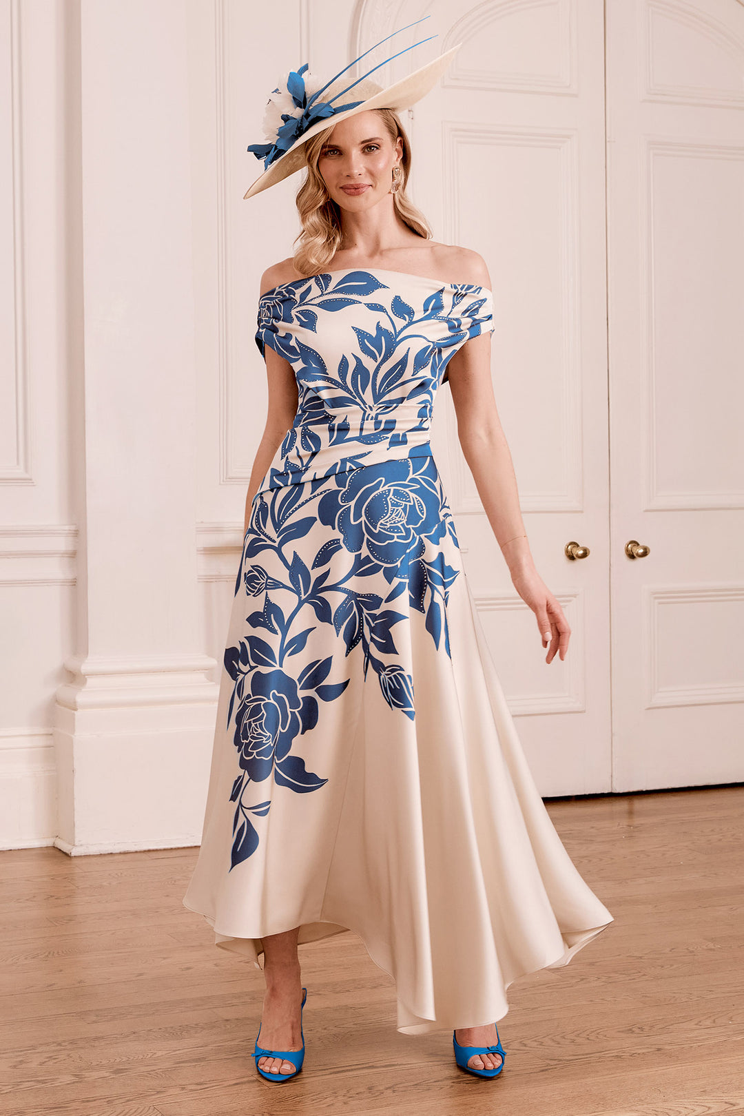 John Charles 66780A Teal Ecru Print Off-Shoulder Pleated Occasion Dress