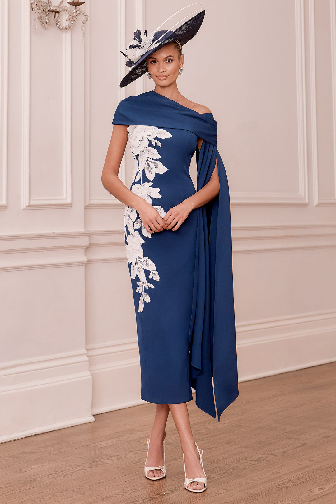 John Charles 66790 Navy Ivory Midi Occasion Dress - Detachable Cape