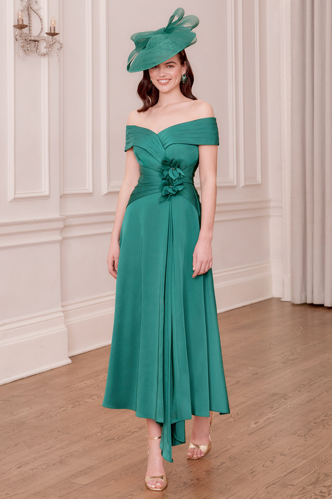 John Charles 66799 Ivy Green Bardot Midi Occasion Dress