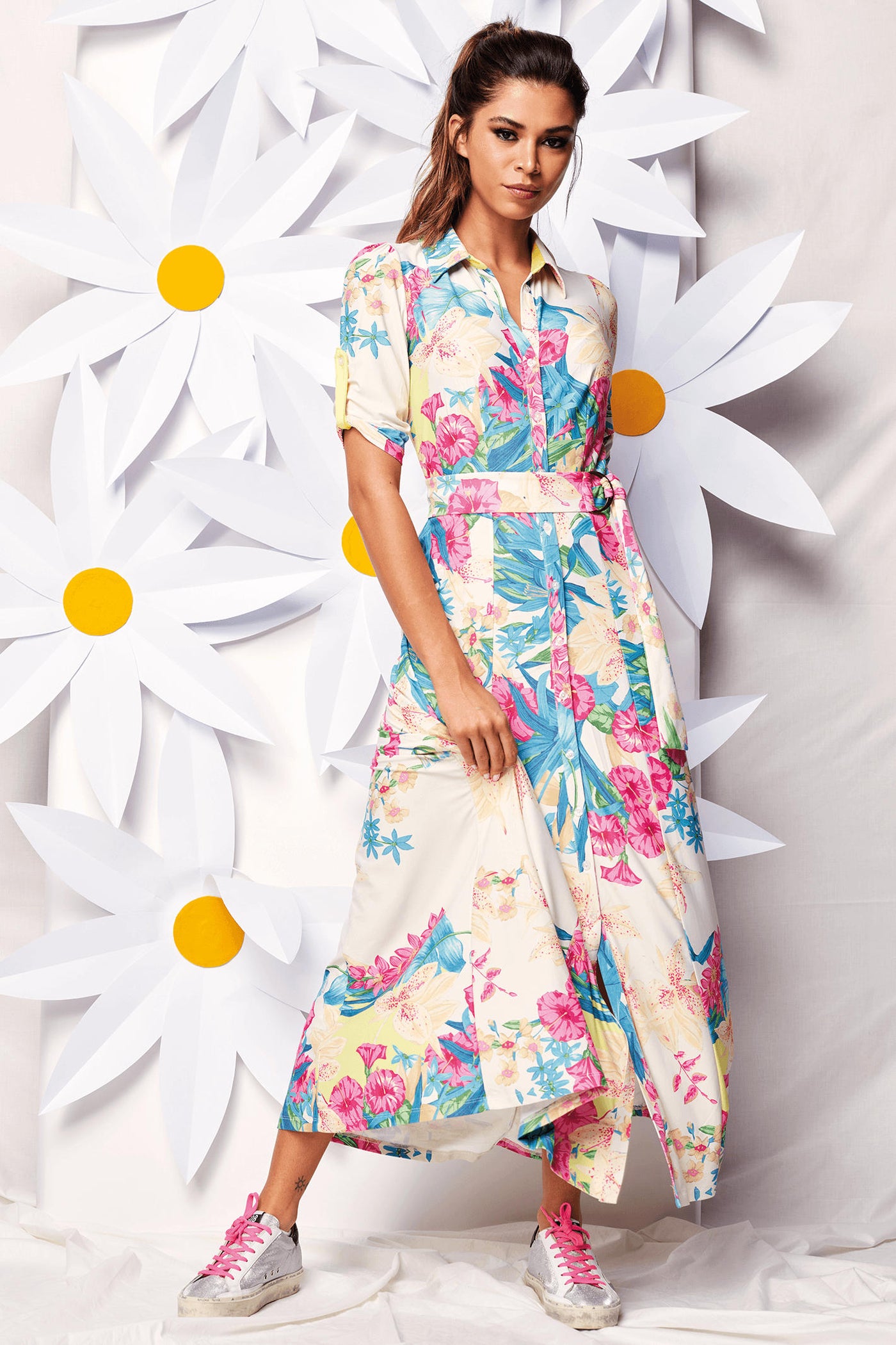 K Design W316 Maxi Tropical Print Shirt Dress & Belt - Rouge Boutique
