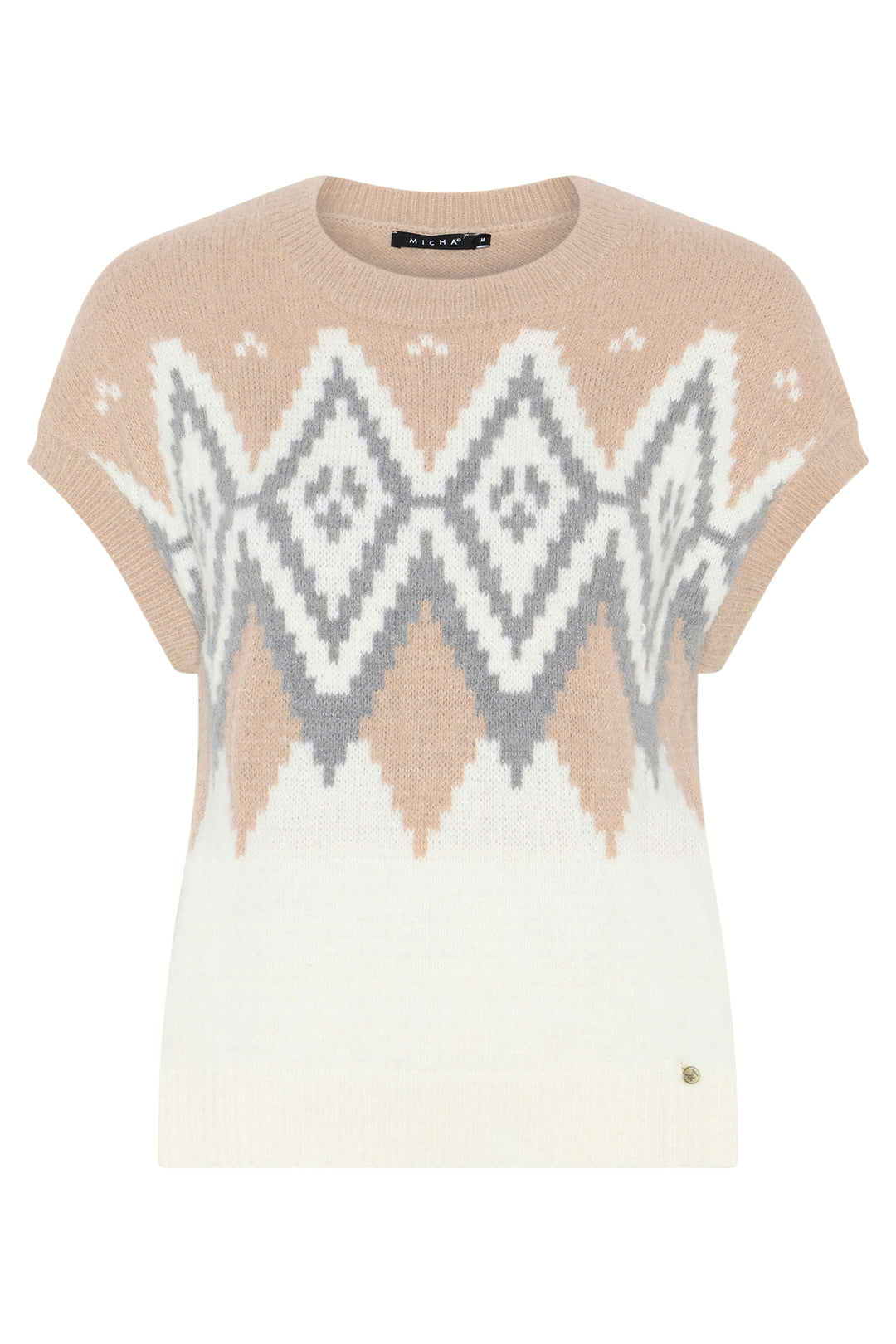 Micha Camel Beige Off White Diamond Pattern Cap Sleeve Jumper, front